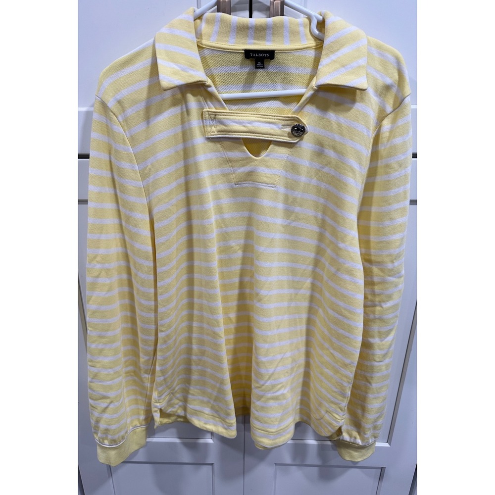 Talbots Striped Pullover Top Button Detail Long Sleeve Yellow White XL